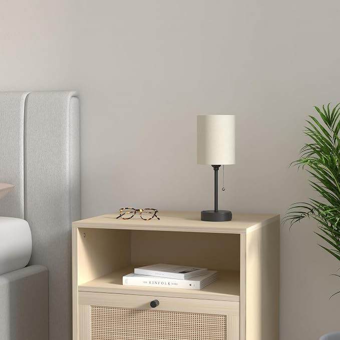 Small Bedside Table Lamp for Bedroom - Desk Lamp with USB Ports for Dorm | USB A+C Ports, AC Outlet, 3 Color Temperatures, LED Bulb Included, Beige Fabric Shade, Matte Black Base