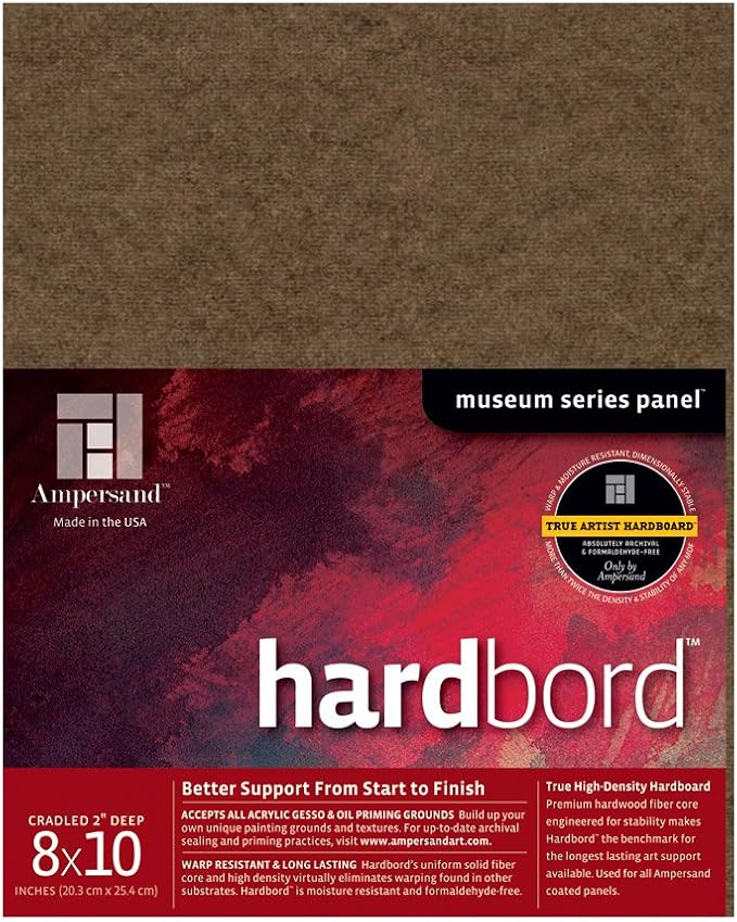 Ampersand Art Supply Hardboard Wood Painting Panel: Museum Series Hardbord, 8" x 10", 2 Inch Cradled Profile