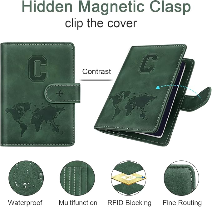 Passport Holder Wallet Cover Personalized Initial Travel Essentials | Embossed Letter A-Z Design, Travel Wallets, RFID Blocking, Passport Book Holders, Women and Men, Personalized Gifts, Green-C