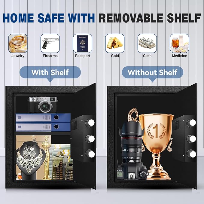 3.2 Cu Ft Large Home Safe Box, Fire Proof Safe with Type-C Port | Steel Security Box with Digital Electronic Keypad, Removable Shelf, Safety Lock Box for Office Documents Money Jewelry Gun