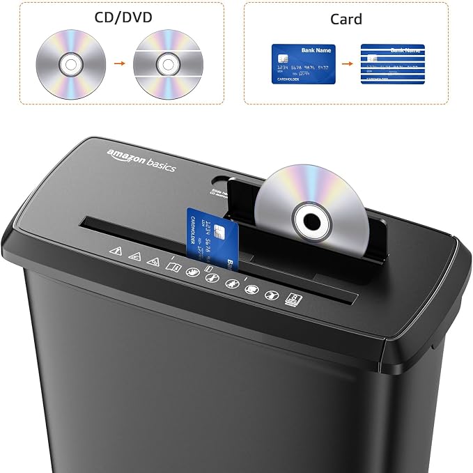 Amazon Basics 8-Sheet Strip Cut Paper Shredder for Home and Office, CD/Credit Card Shredder, 3.4 Gallon Bin, Black