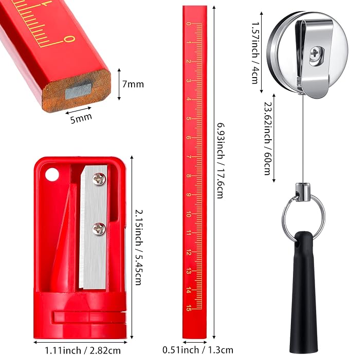 Honoson 24 Pcs Carpenter Pencil with Sharpener,Red Cover, Black Refill | Construction Pencils for Jobsite, Octagonal Flat Design Prevents Rolling, Black Refill Clear Marking, Retractable Pen Holder