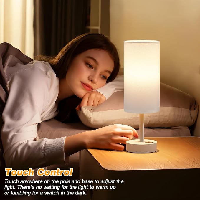 Dicoool Bedside Table Lamp for Bedroom - 3-Way Dimmable Touch Lamp, USB A+C | LED Bulb Included, 14" Small Nightstand Lamp for Desk, Living Room, Guest Room, White Fabric Lampshade, White Metal Base