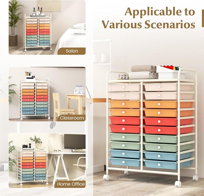 RELAX4LIFE 20 Drawer Rolling Storage Cart, Mobile Rolling Cart w/Drawers for School Classroom Teacher Office Home Salon, Paper File Art Supply Craft Organizer, Utility Cart on Wheels (Macaron)