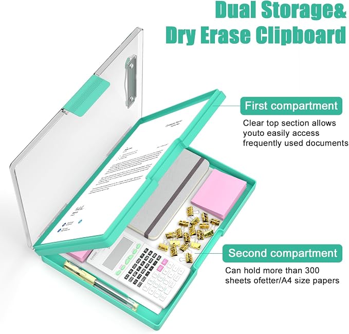 Hongri Clipboard with Storage, Green 8.5 x 11 Clip Board, Dual Compartmen | Folder Nursing Side Opening, Heavy Duty Organization Box, Smooth Writing for Teachers, Classroom, Size 13.3 x 9.4 x 1.5 in