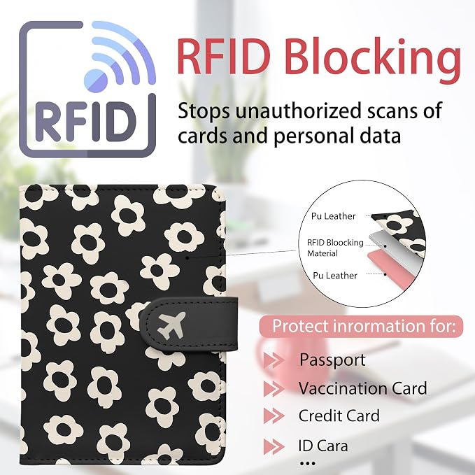 Passport Holder, Cute Travel Wallet Cover with RFID Blocking,Flower | PU leather travel wallet with magnetic closure, card slots, pen loop, and easy access for passports and essentials.