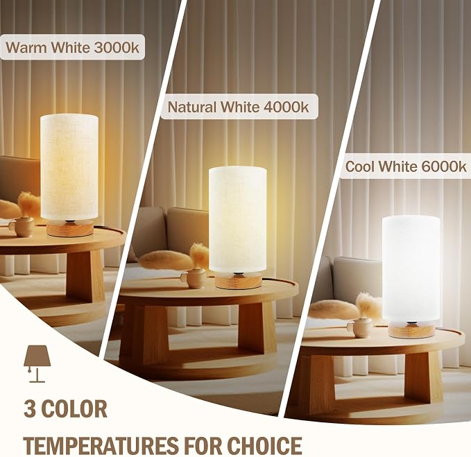Minimalist Dimmable Nightstand Lamp with Round Fabric Linen Shade, 3 Color Temperatures, Desk & Bedside Lamp for Study, Living Room, Bedroom, Office, Dorm