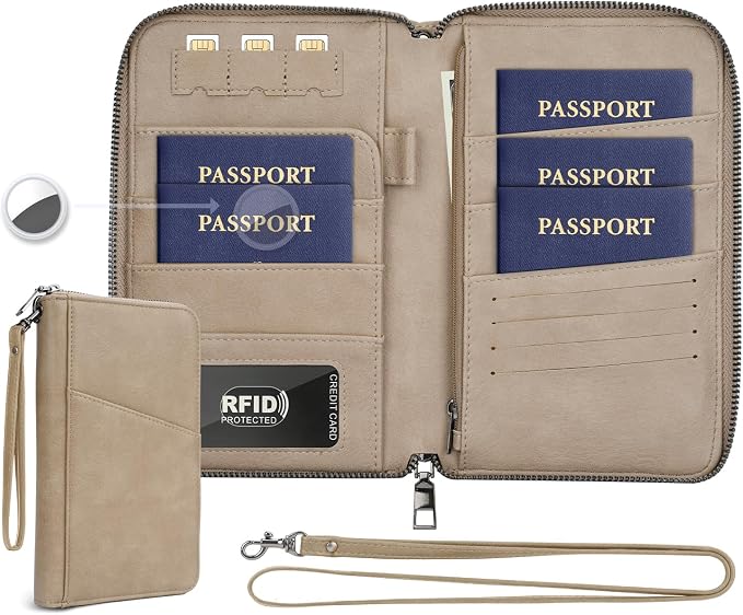 Family Passport Holder Wallet RFID Travel Document Organizer for Women Men, Portable Case Cover for Cards, Boarding Pass with Wrist & Neck Strap, Airtag Pocket, Travel Essentials Gifts (Sand, 1pack)