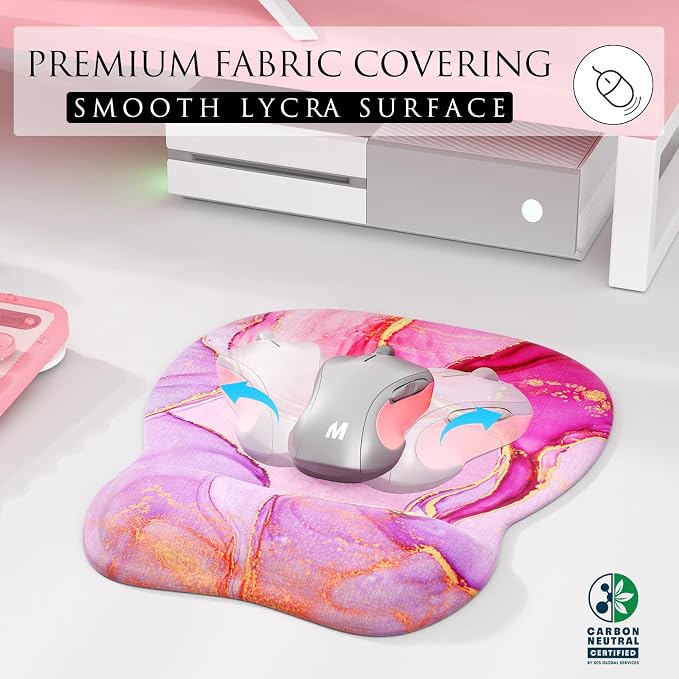 MROCO Ergonomic Mouse Pad with Gel Wrist Rest, 9.4 x 8.1 in, Pink Marble | Ergonomic Shape Design, Multiple Pattern Options, Gel Wrist Comfort, Smooth Lycra Surface, Non-Slip PU Base
