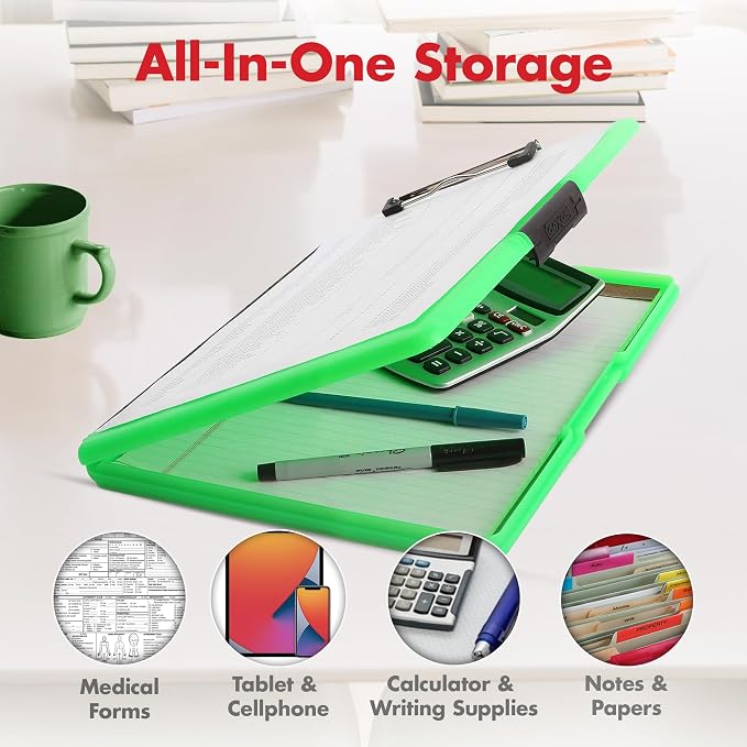 Dexas Slimcase 2 Plastic Clipboard with Storage & Side Opening, Neon Green, Office Supplies Clipboards to Organize, Carry & Store, A4 Holder, Style and Functionality Nursing Clipboard (Pack of 6)