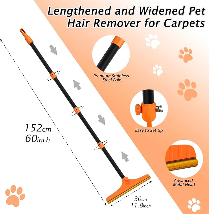 Carpet Rake for Pet Hair Removal Tool, Dog Cat Hair Remover for Furniture | 60'' Pet Hair Remover Broom for Pet Owner Reusable Hair Remover with Adjustable Handle, Carpet Brush for Rugs, Mats, Couch