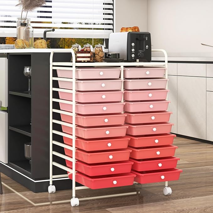RELAX4LIFE 20 Drawer Rolling Storage Cart, Mobile Rolling Cart w/Drawers for School Classroom Teacher Office Home Salon, Paper File Art Supply Craft Organizer, Utility Cart on Wheels (Gradient Pink)