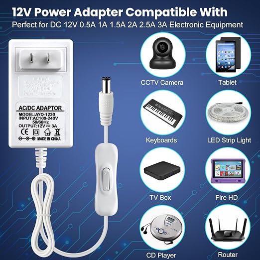 12V 3A Power Supply, 36W 12 Volt DC Power Adapter with On/Off Switch, 110V AC to 12V Wall Plug Transformer for LED Strip Lights with 5.5/2.1mm DC Female Connector, White