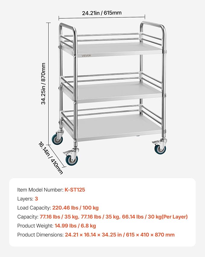 VEVOR Stainless Steel Rolling Cart, 3-Tier Metal Utility Cart with Lockable Wheels, Medical Serving Trolley Clinic Tray, Mobile Service Cart for Hospital, Lab, Restaurant, Kitchen, Salon
