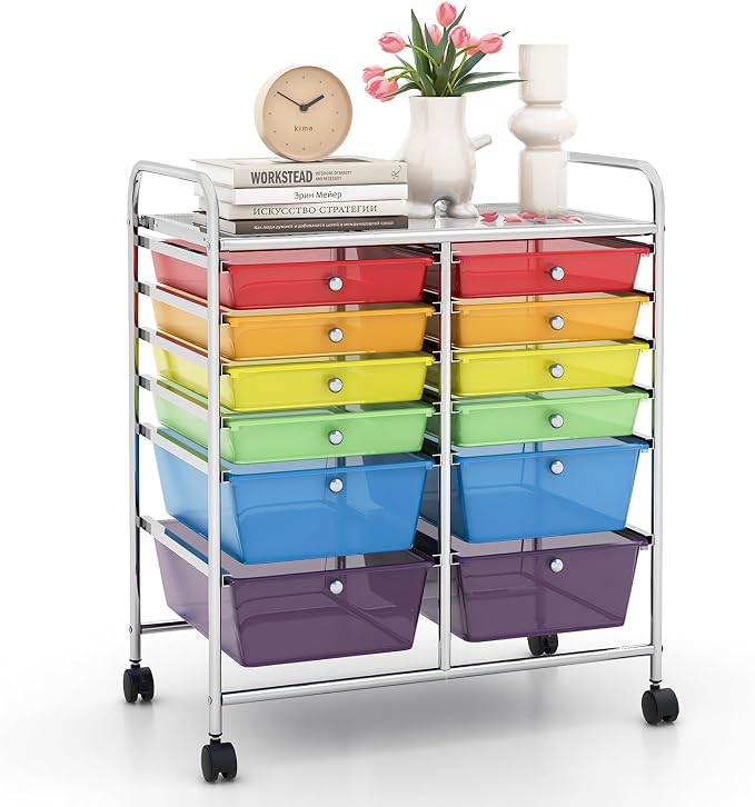 12 Drawer Rolling Storage Cart, Craft Cart Organizer on Wheels w/Metal Frame, Large Capacity & Smooth Drawer, Rolling Cart w/Drawers for Classroom, Office