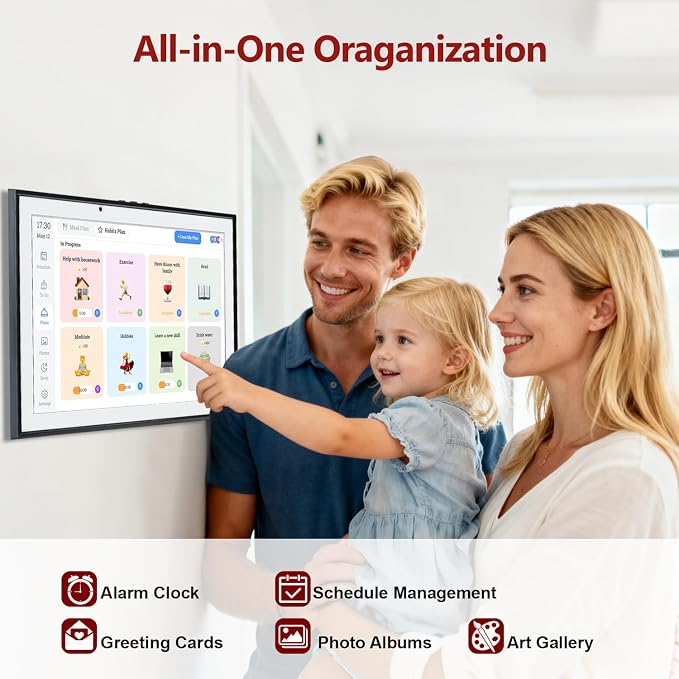 Digital Calendar 10.1 Inch Smart Electronic Planner, IPS Touch Screen, 32GB, Electronic Slideshow, Wall-mounted with Third-Party Calendar Sync, Chore Tracker, Meal Plan & Photo Display, Gifs for Mom