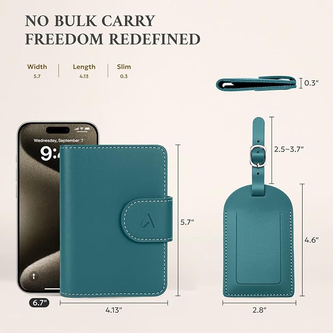 ALLIVE RFID Passport Holder for Travel, Genuine Leather Passport Holder with AirTag Hidden Pocket, Travel Wallet for Women & Men, Gift Set with Luggage Tag in Premium Gift Box (Lake Blue)