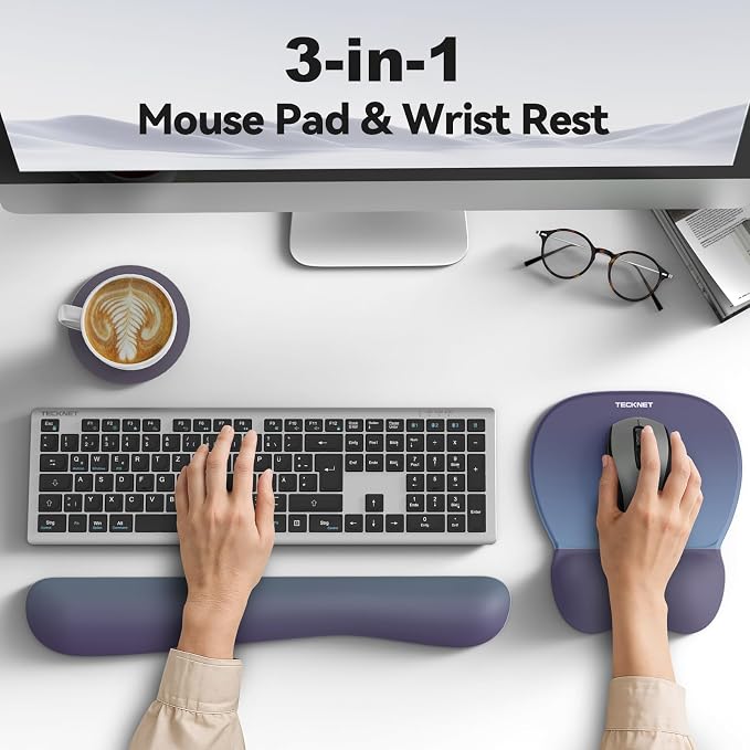 TECKNET Gel Ergonomic Mouse Pad & Keyboard Wrist Rest & Coaster | 3 in 1 Set, Pain Relief, Milk Silk Cloth, Non-Slip PU Base, Easy Typing, Memory Foam Wrist Support for Office & Home