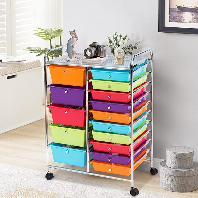 GLACER 15 Drawers Rolling Storage Cart, Steel Frame Craft Organizer Cart | Utility Cart w/Lockable Wheels & Handle, Mobile Art & Tool Supply Trolley for Teacher, Home, School, Office (Multicolor)