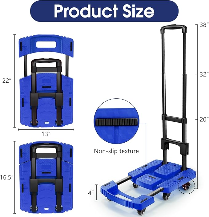 Voipvvii Folding Hand Truck 500lbs, Portable Heavy Duty Dolly Cart, 6 Wheels Collapsible Luggage Cart with 2 Elastic Ropes - Compact Trolley Cart for Easy Moving - Ideal Hand Cart for Travel and More