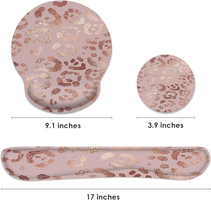 Ergonomic Mouse Pad Set with Wrist Rest, Leopard Rose Gold Pink | Non-Slip Rubber Base Wrist Cushion Support and Coasters Mousepad with Wrist Support for Computer Keyboard