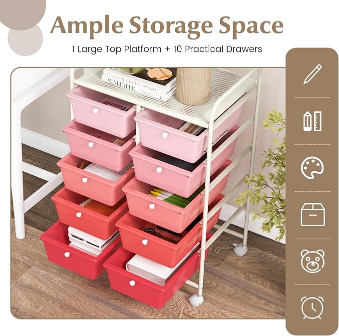COSTWAY 10 Drawer Rolling Storage Cart, Utility Cart with Lockable Wheels | Mobile Art Supply Craft Organizer with Metal Frame, Multipurpose Drawer Cart for Paper for Office, School, Mixed Pink