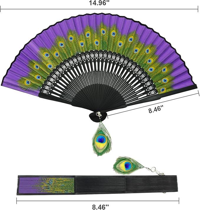 EOSAU Hand Fans for Women Foldable - Bamboo Silk Folding Fan Handheld, Fans for Line Dancing Wedding, Portable Bridal Party Favor, Elegant Church Performance Gift (Peacock Purple)