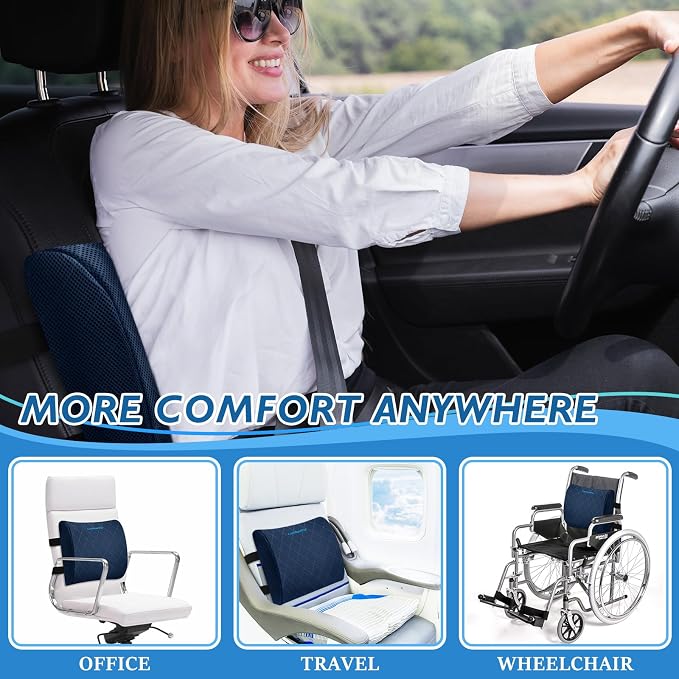 Lumbar Support Pillow for Office Chair, Back Support, Memory Foam, Blue | Improve Sitting Posture & Back Pain Relief. Lumbar Pillow Fits Office, Gaming & Car Chairs with Adjustable Dual Straps