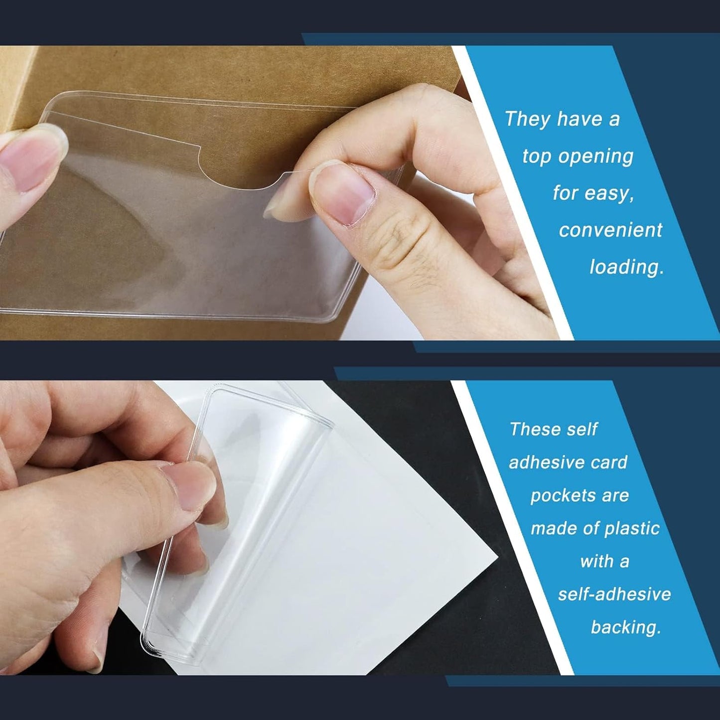 Crystal Clear Self-Adhesive Business Card Pockets and Top Open Library Card Pockets - Ideal for Organizing and Protecting Cards, Photos, and Labels. Includes 100 Pieces