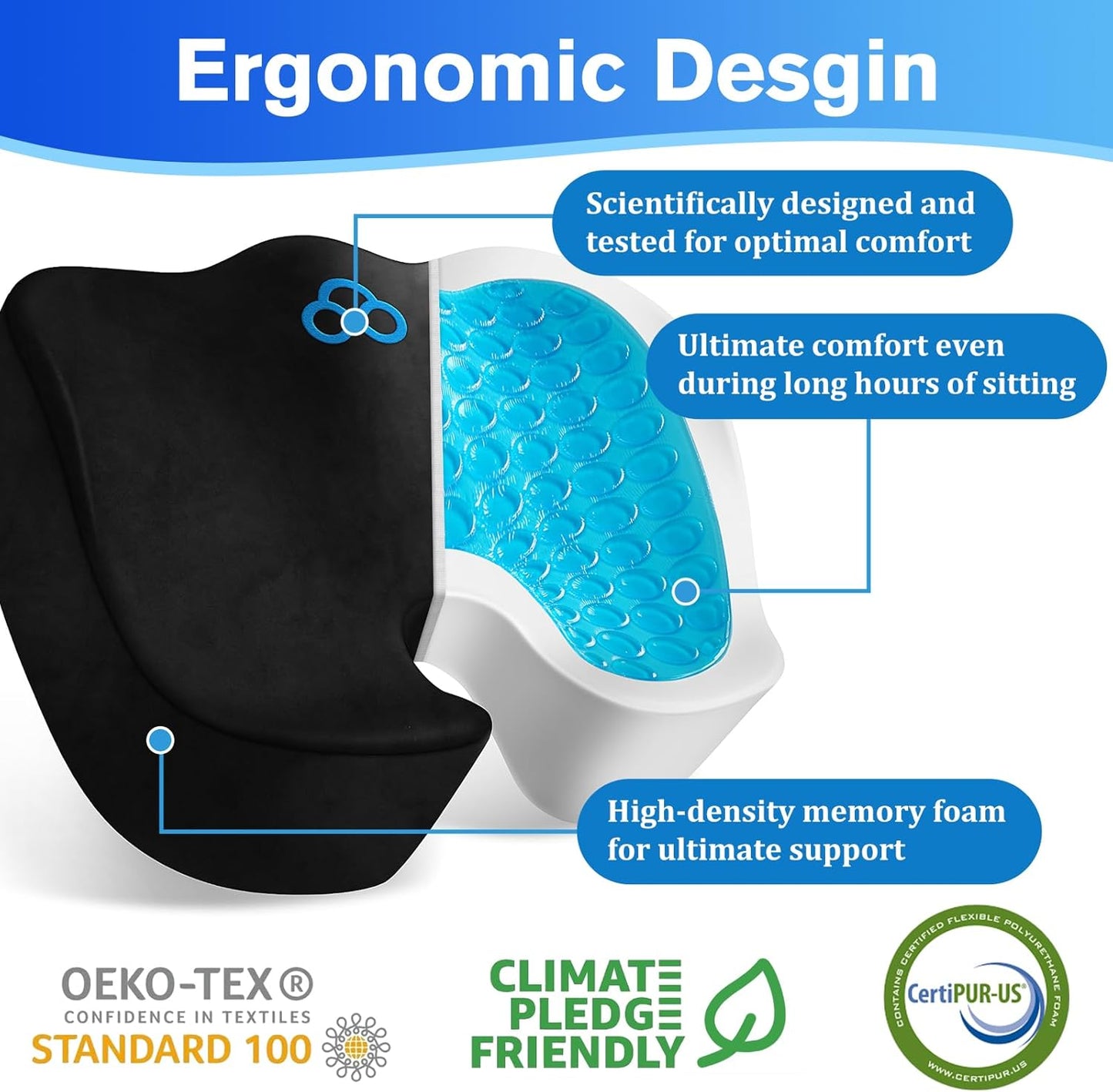 Seat Cushion, Gel Chair Cushions, Office Chair Cushions, Anti-Slip Bottom & Removable Cover Tailbone Pain Relief Cushion, Memory Foam Seat Cushion for Office, Wheelchair, Car (Black)