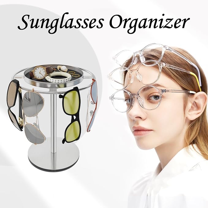 LSK Metal Sunglasses Organizer, Glasses Stand with Storage Tray, Silver | Sunglass Holder with Non-Slip Pad for Nightstand, Tabletop, Desk, Dresser, Hanging Up to 9 Pairs Sunlasses/Reading Glasses