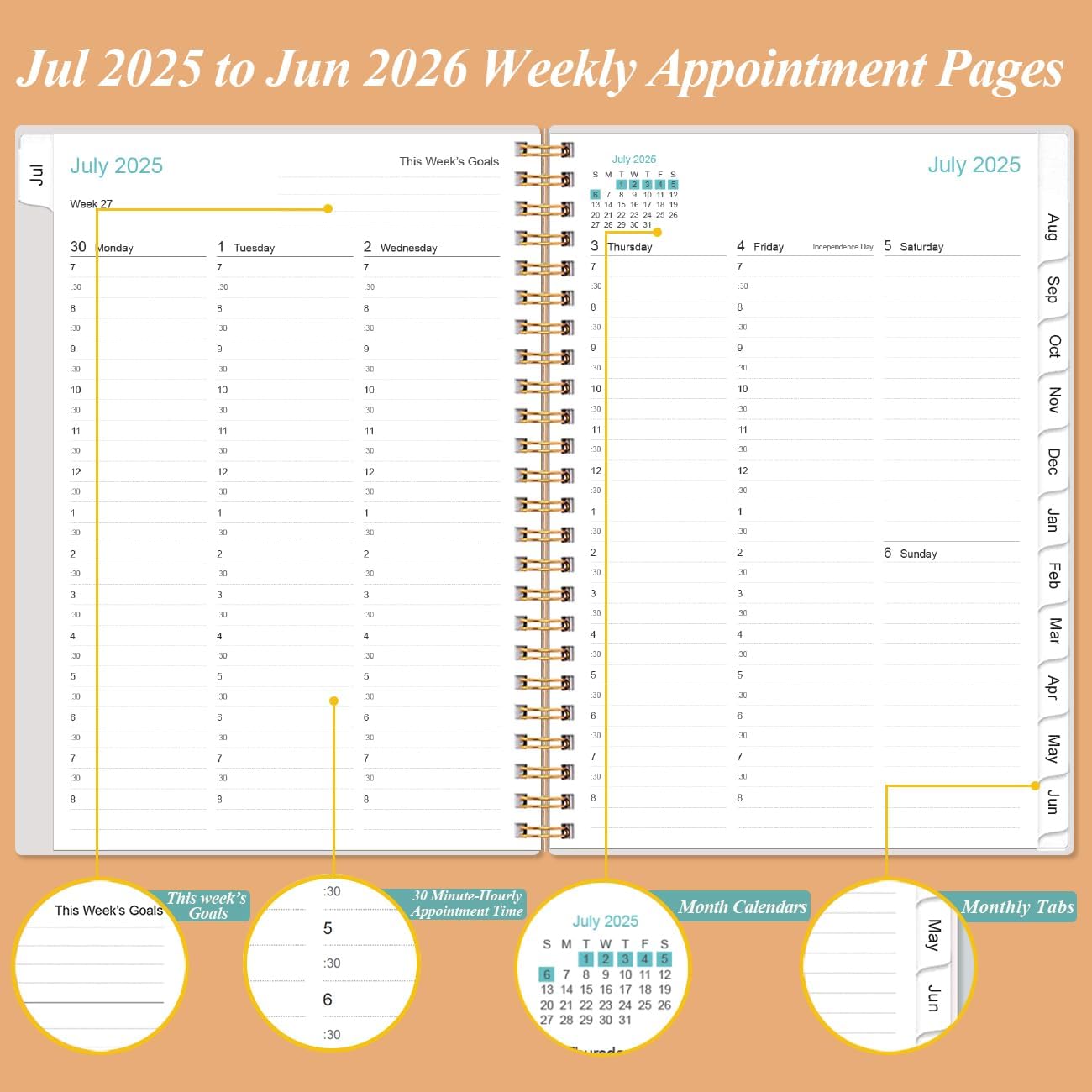 2025-2026 Appointment Book & Planner - A5 Daily Hourly Planner from July 2025 - June 2026, Weekly Appointment Book with 30-Minute Interval, Medium 6.4" x 8.5", Rose Flowers