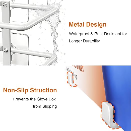 Adhesive Glove Box Holder Wall Mount, Metal Gloves Dispenser, White | For Latex & Nitrile Boxes, No-Drill Tissue & Wipes Organizer for Lab, Kitchen, Bathroom