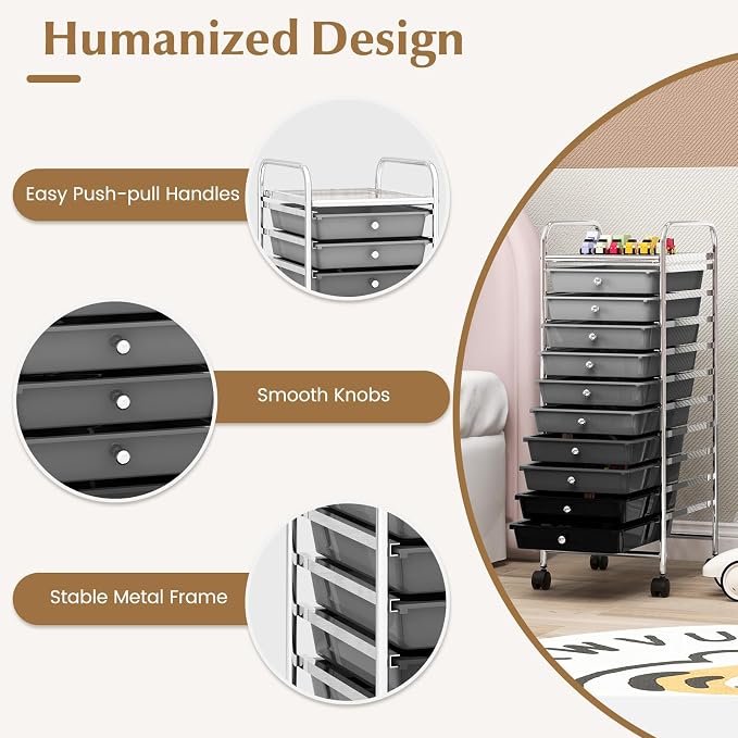 GLACER 10 Drawers Rolling Cart, Storage Cart with w/Removable Drawers & Steel Frame, Utility Mobile Trolley w/Universal Casters & 2 Brakes, Organizer Cart for Home, School, Office (Gradient Grey)