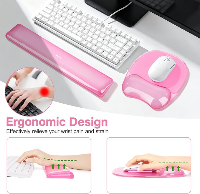 MOSISO Cooling Gel Wrist Rest Support for Mouse Pad&Keyboard Set, Pink | Irregular Oval Ergonomic Mousepad Keyboard Pad Non-Slip Base Home/Office Pain Relief&Gel Easy Typing Pad for Computer Laptop