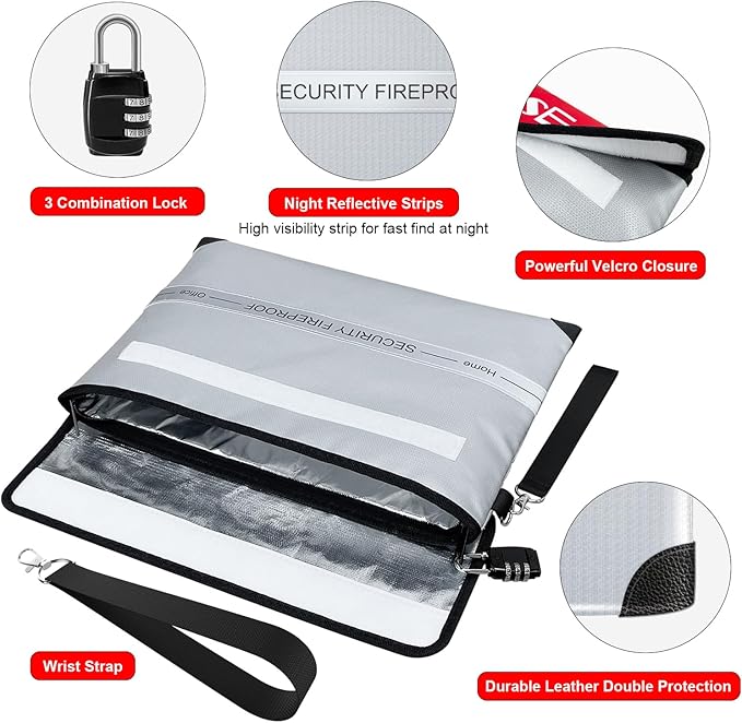 COLCASE Fireproof Document Bag 5200℉ Heat Insulated Waterproof Fireproof | Silicone Coated Fiberglass Fireproof Bag wih Lock 15x11 inches Zipper Bag Silver