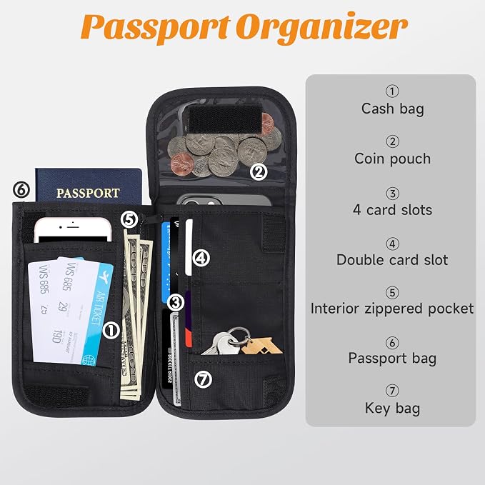 Neck Wallet & RFID Blocking Passport Holder for Travel – Waterproof Hidden Travel Wallet with Card Slots, Adjustable Strap, Portable Document Organizer for Men, Women (Gift) Black