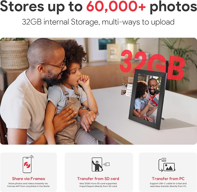 Skyrhyme 10.1 Inch Digital Picture Frame with 32GB Storage, Frameo WiFi Digital Photo Frame, 1280 * 800 IPS Touch Screen, Auto-Rotate Slideshow, Easy to Share Photo/Video via Free App