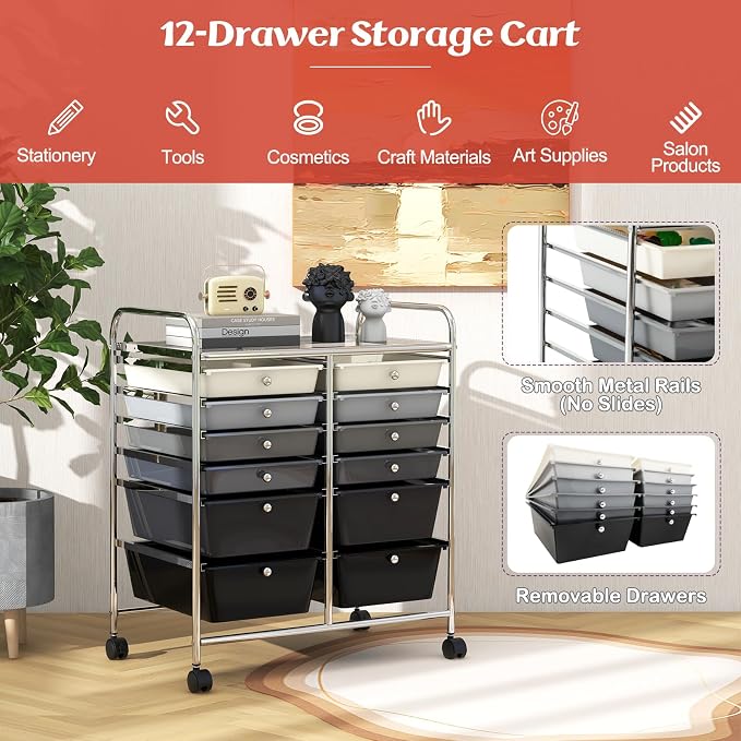 COSTWAY 12-Drawer Rolling Storage Cart, Moveable Art Craft Organizer | Lockable Wheels, Metal Shelf, Files Arrangement Tools Makeup Storage Cart for Office, Home, School (Mixed Black)