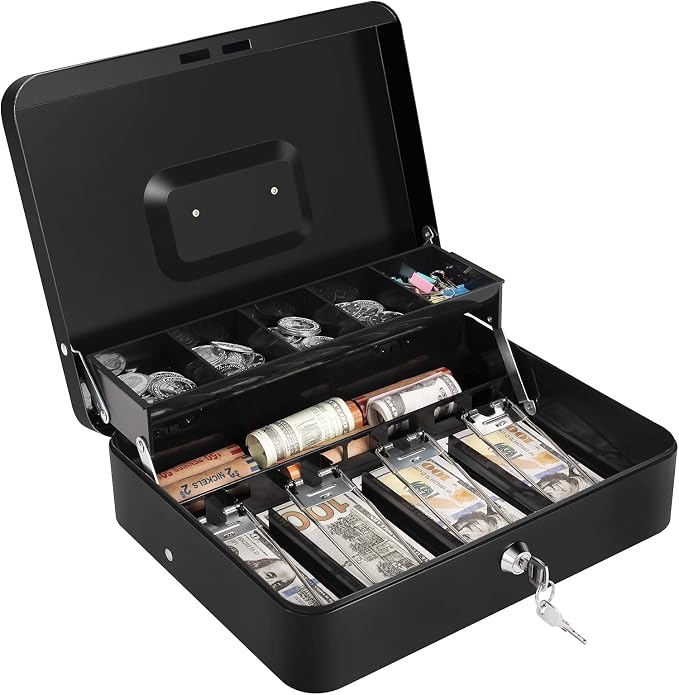 Sumerfnt Cash Box with Money Tray and Lock Money Box for Cash, Metal Locking Cash Box - 11.8" x 9.4" x 3.54" Black