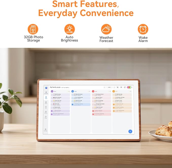 15.6" Smart Digital Calendar - No Subscription Family Hub with Calendar Sync, Meal Planner, Photo & Video Display, Touch Screen, Wall & Desk Mount, Gifts for Women Men (Walnut)
