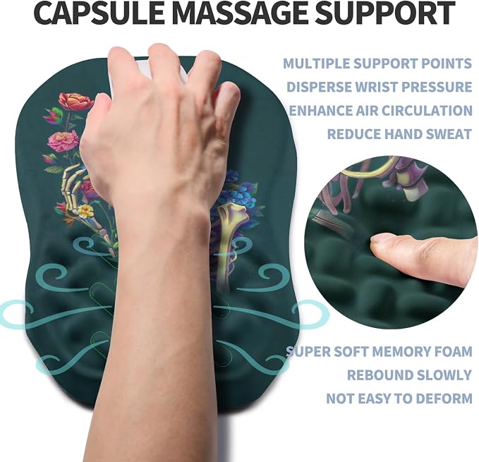 Ergonomic Raised Mouse Pad Wrist Support with Bilateral Slope Memory Foam Mousepad for Wrist Rest and Carpal Tunnel Pain Relief 11.8x7.9〃Skeleton Flower