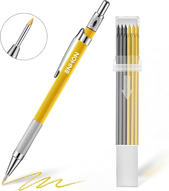 Enhon 2mm Carpenter Pencil Set with 12 Refills and Sharpener, Yellow | Woodworking Marking Tool Solid Deep Hole Construction Mechanical Pencil, Extended Needle-Nose Tip for Use in Jobs