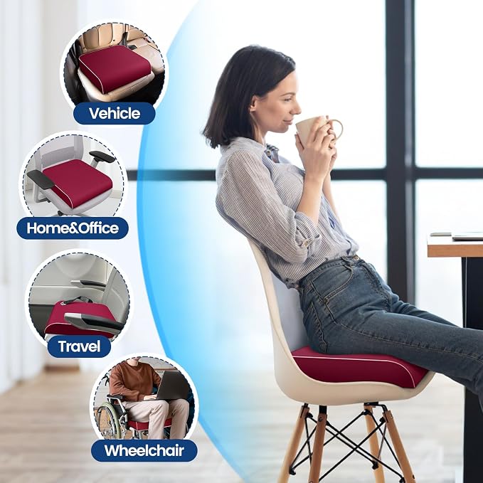 SweetSlubr Seat Cushion for Tailbone Pain Relief, Office Chair Cushion, Memory Foam Large Chair Pad with Non-Slip Cover for Soft Support at Office Chair, Car Seat, Airplane Red/2X-Large