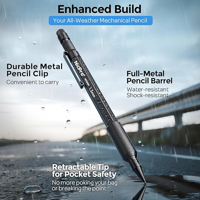Nicpro 3 PCS 1.3 mm Mechanical Pencils Set with 48 Lead Refill, 3 Eraser | MP2000 Black Weatherproof Metal Barrel, Heavy Duty Carpenter Pencil for Outdoor Construction Marking Drafting and Drawing