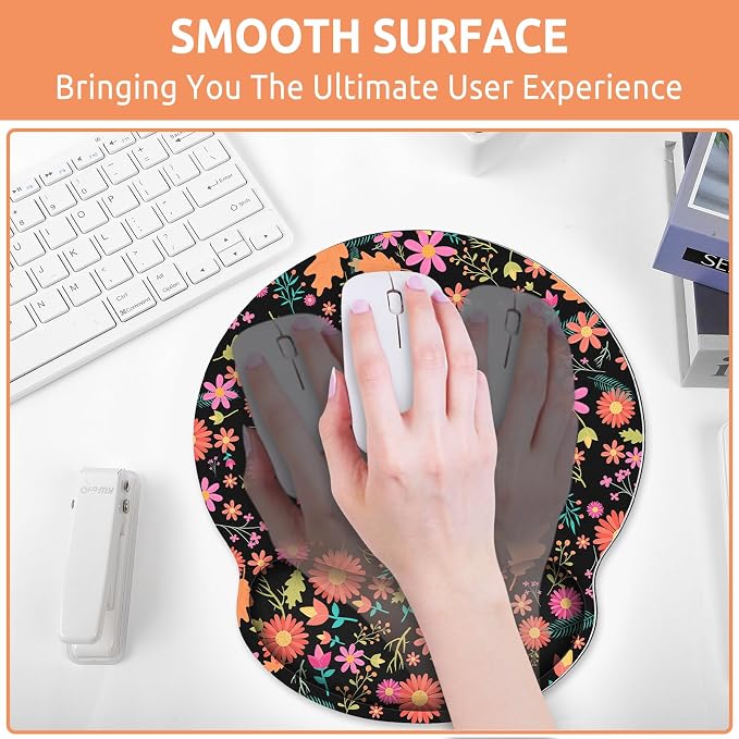 KONVINIT Ergonomic Mouse Pad with Wrist Rest, Small Mousepad with Non-Slip Rubber Base and Smooth Surface, Black Flowers Mouse Pads for Desk, Office Desk Accessories