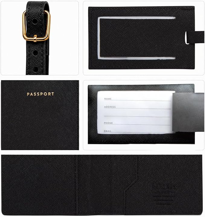 Eccolo Passport Cover Holder And Luggage Tag Set In Gift Box, Saffiano Classic Black | Faux Material, Adjustable Buckle Strap, Privacy ID Window, Slim Lightweight Build for Easy Carry