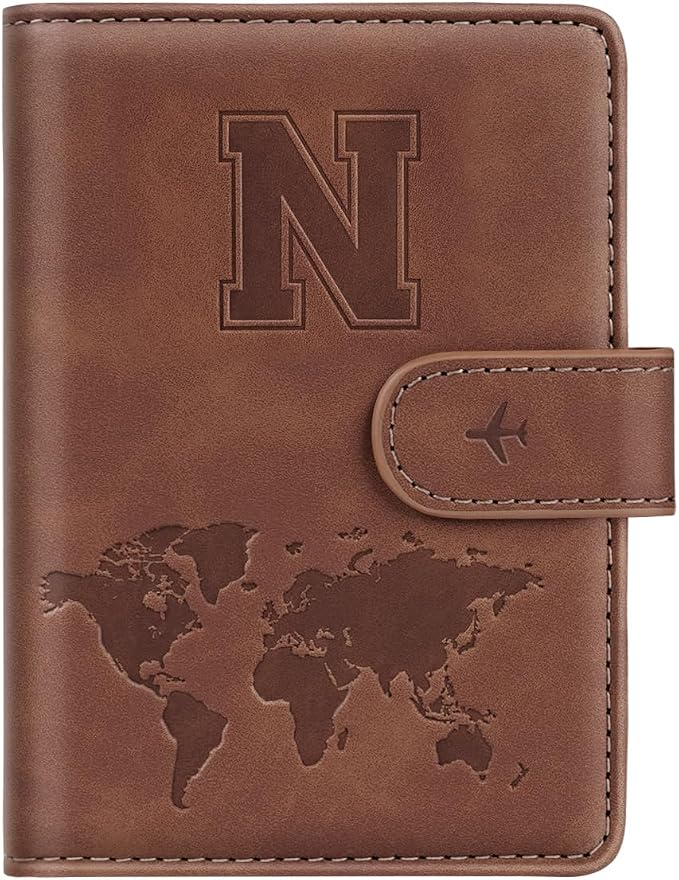 Passport Holder Wallet Cover Personalized Initial Travel Essentials | Embossed Letter A-Z Design, Travel Wallets, RFID Blocking, Passport Book Holders, Women Men, Personalized Gifts, Brown-N