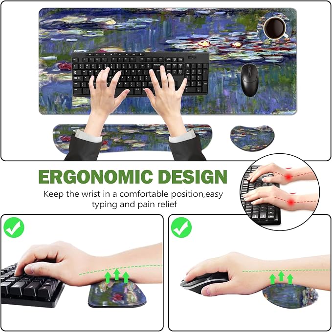 ToLuLu Extended Gaming Mouse Pad, Ergonomic Keyboard Mouse Wrist Rest Set | Large Desk Mat with Stitched Edges, Non-Slip Base Memory Foam Support Mousepad for Home Office Game, Monet Water Lilies