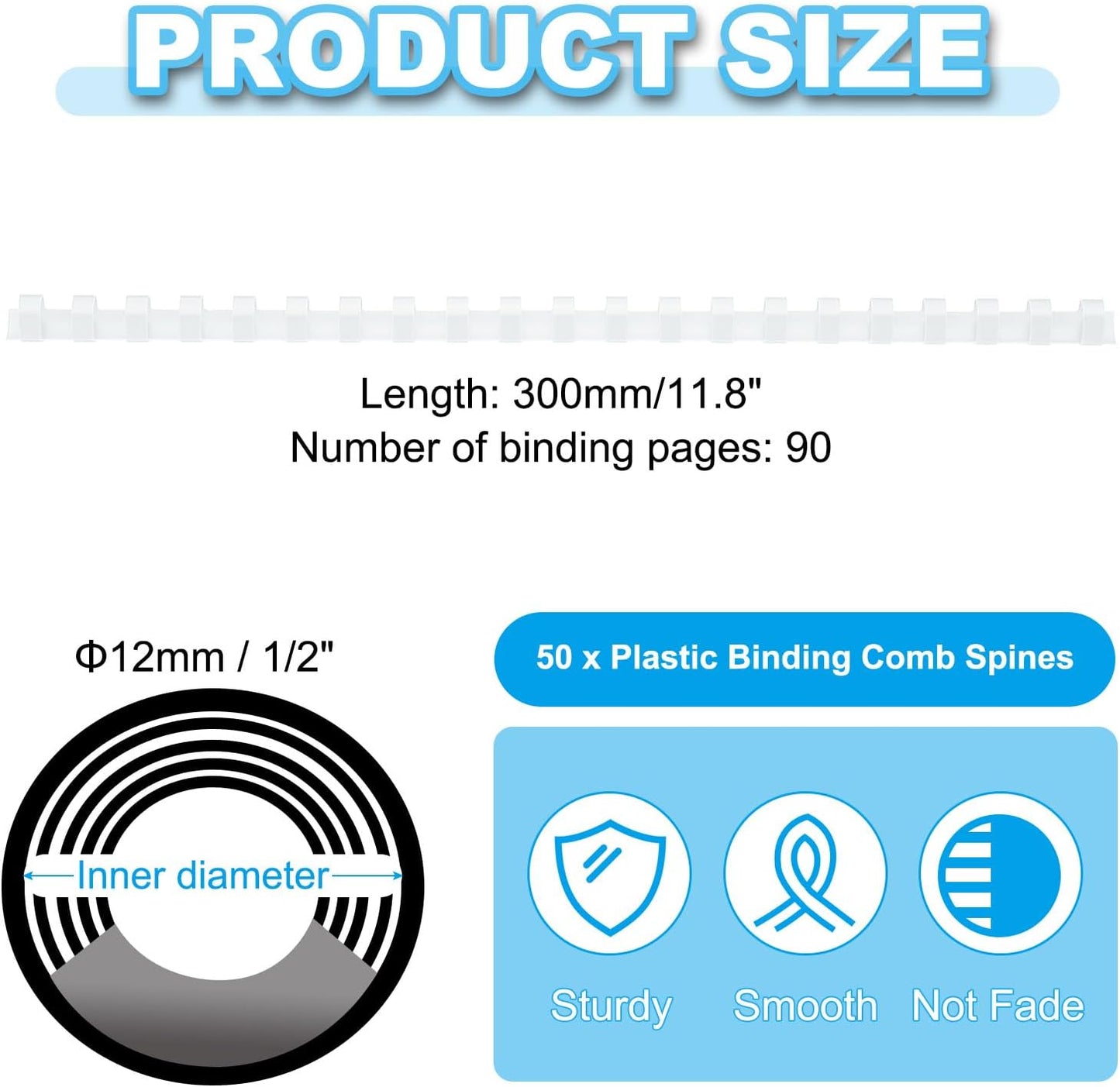 PATIKIL 12mm (1/2") Plastic Binding Combs, 50 Pcs 21 Rings Comb Binding Spines 90 Sheet Capacity Letter Size for Binding Paper Sheets, White